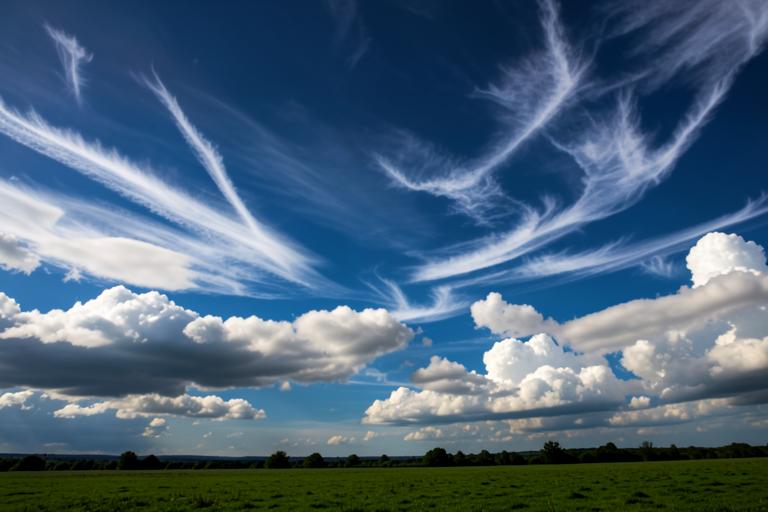 Cer cu nori cirrus subțiri și nori cumulus albi